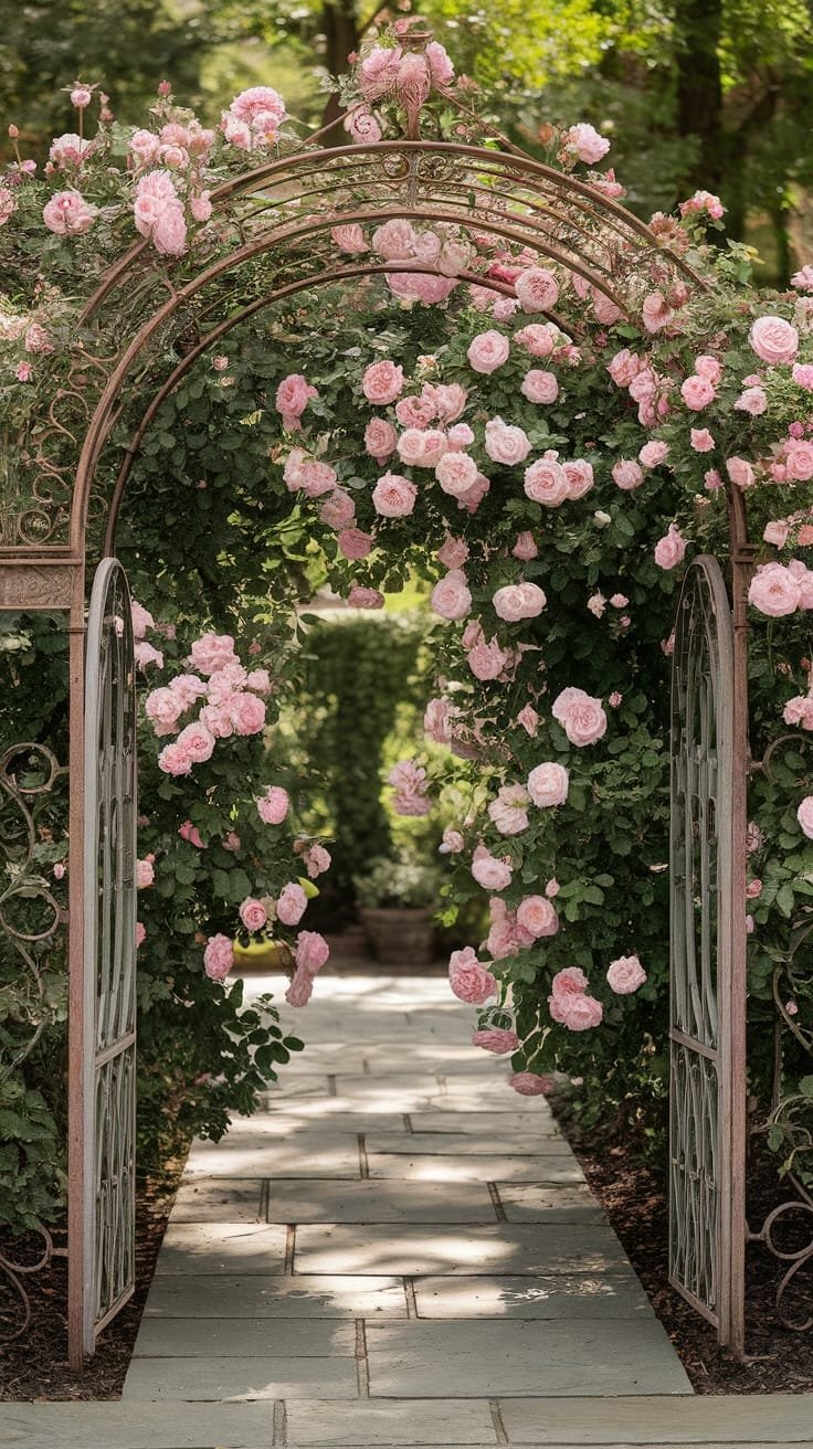 rose covered metal arbor