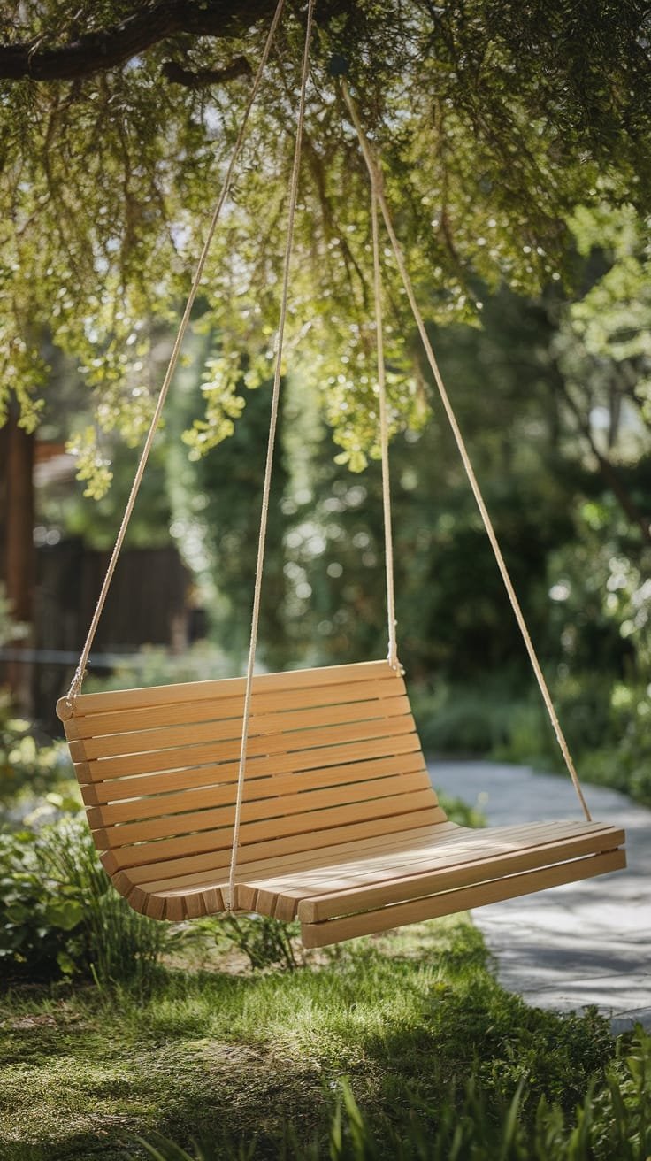 teak swing bench suspended