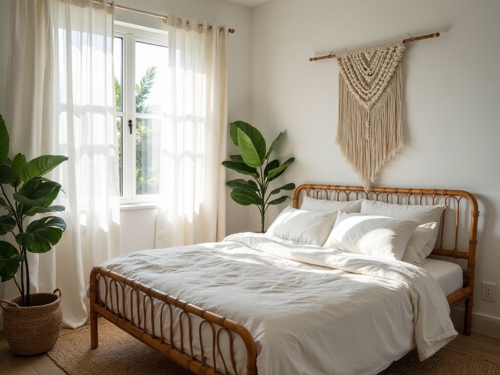 airy minimalist bohemian bedroom textiles