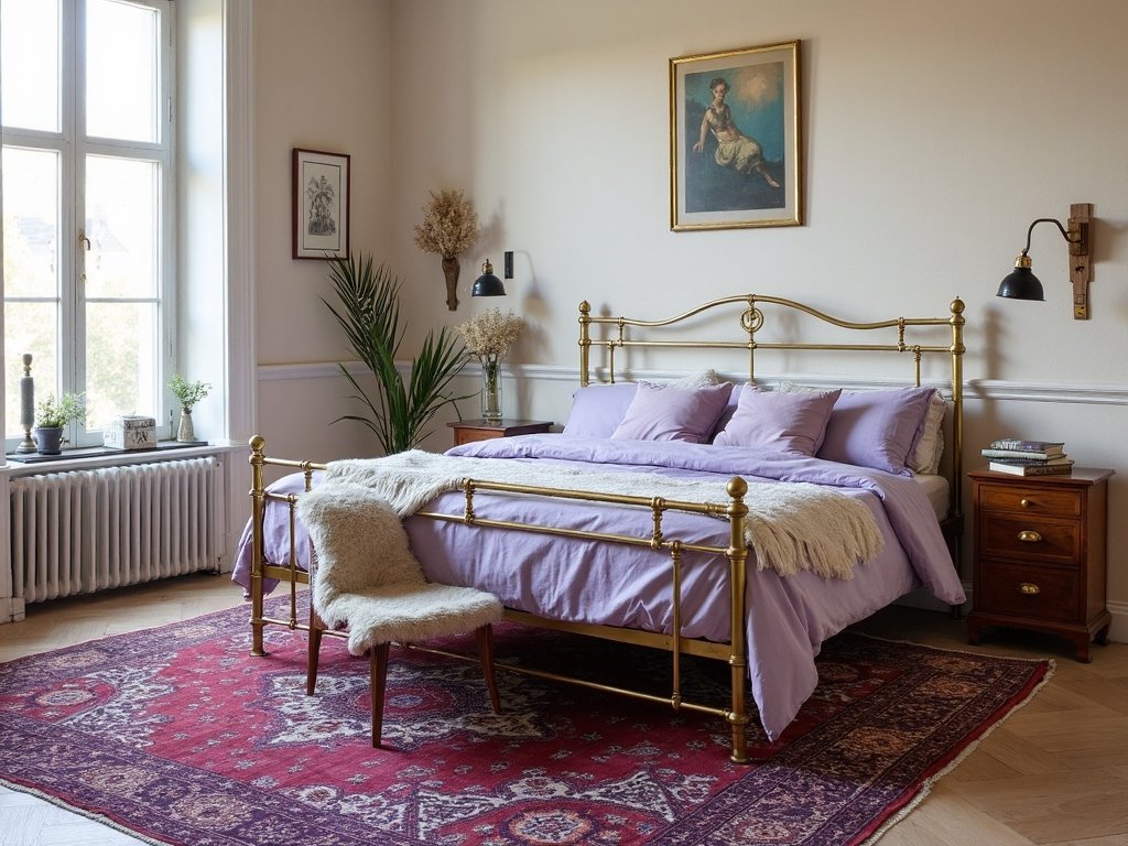 boho bedroom sanctuary with purple accents