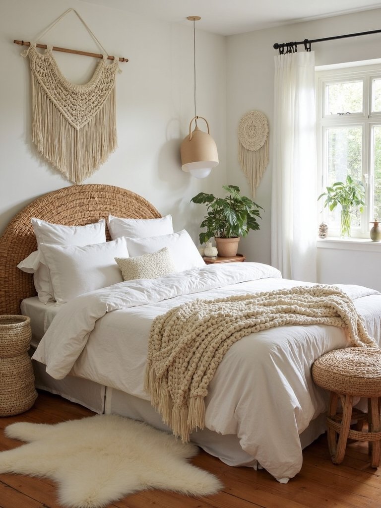 cozy layered bohemian bedroom ambience