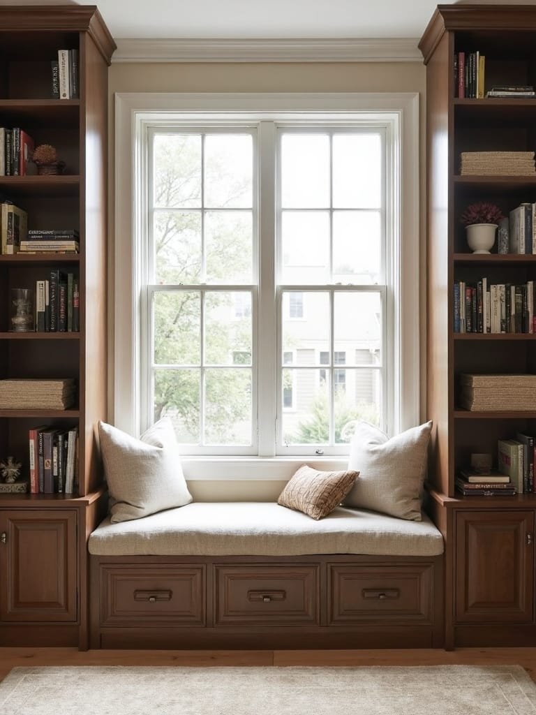 cozy under window bookshelf nook