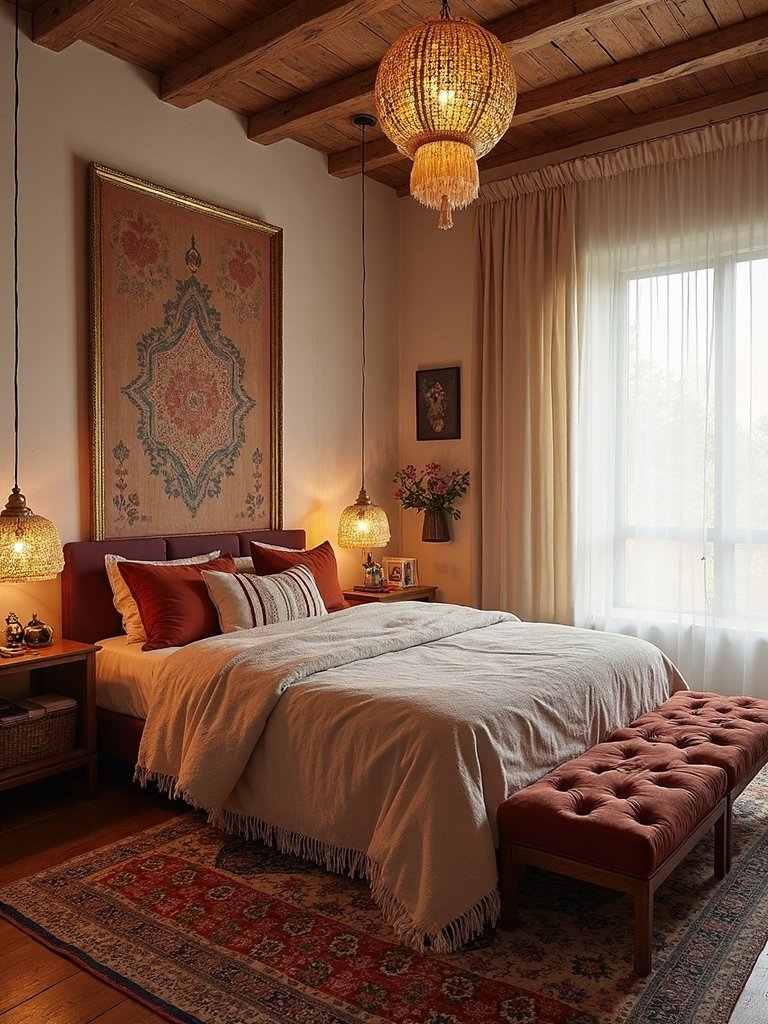 serene boho sanctuary through lighting and textures