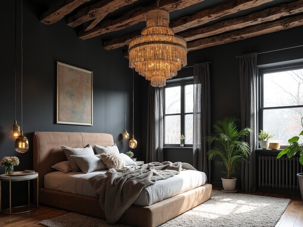 sophisticated bohemian sanctuary with black ceiling