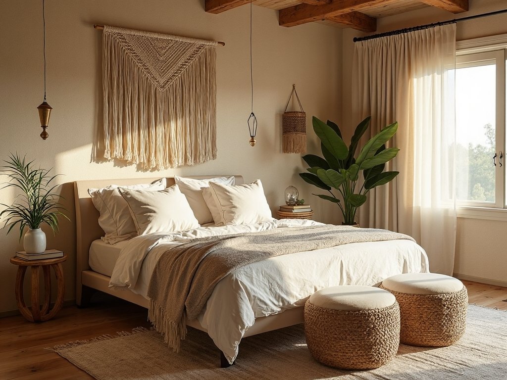 textured wallpaper defines bohemian bedroom retreat