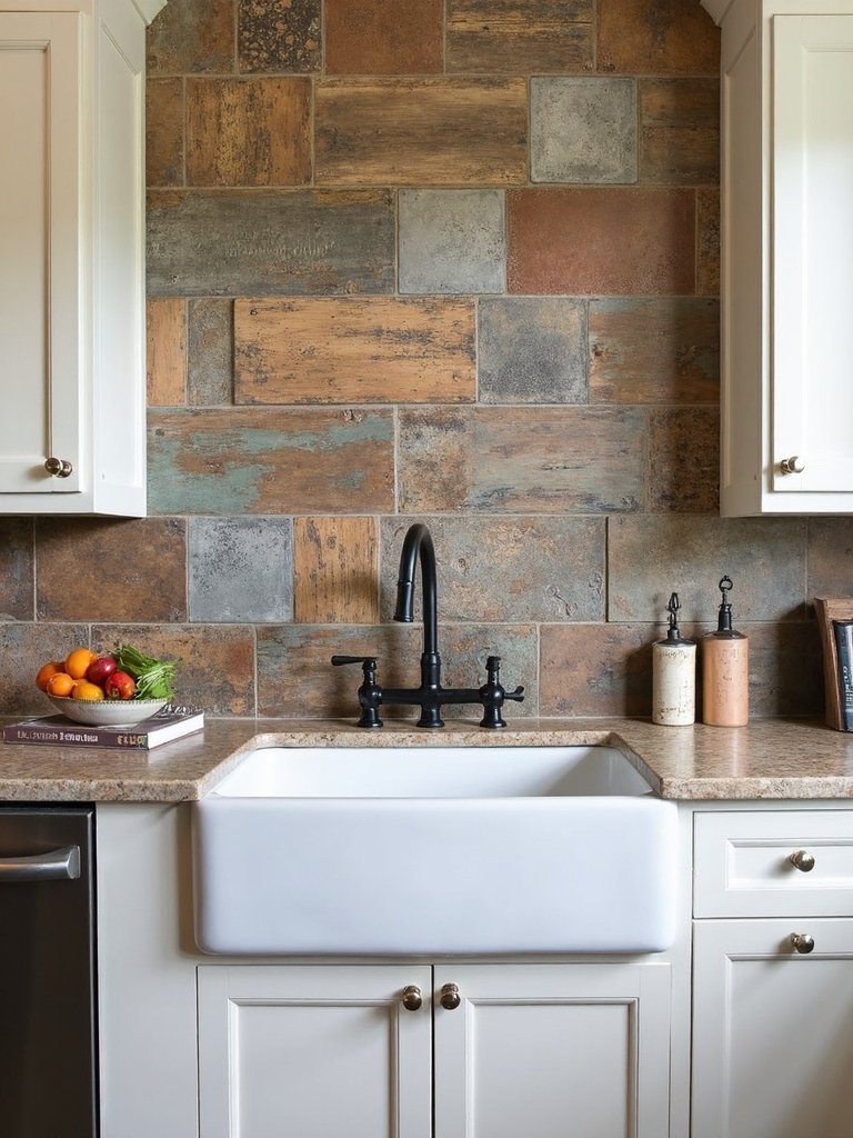artful textured mixed material patchwork backsplash