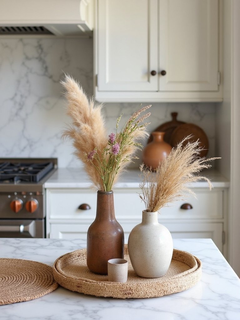 bohemian floral arrangement in eclectic vases