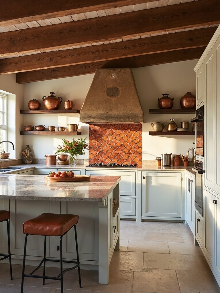 bold tile backsplash defines rustic kitchen