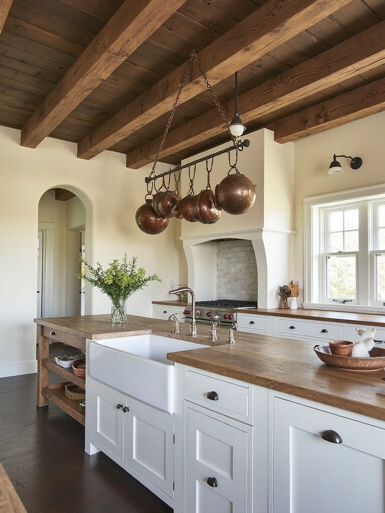 bright rustic white kitchen with beams