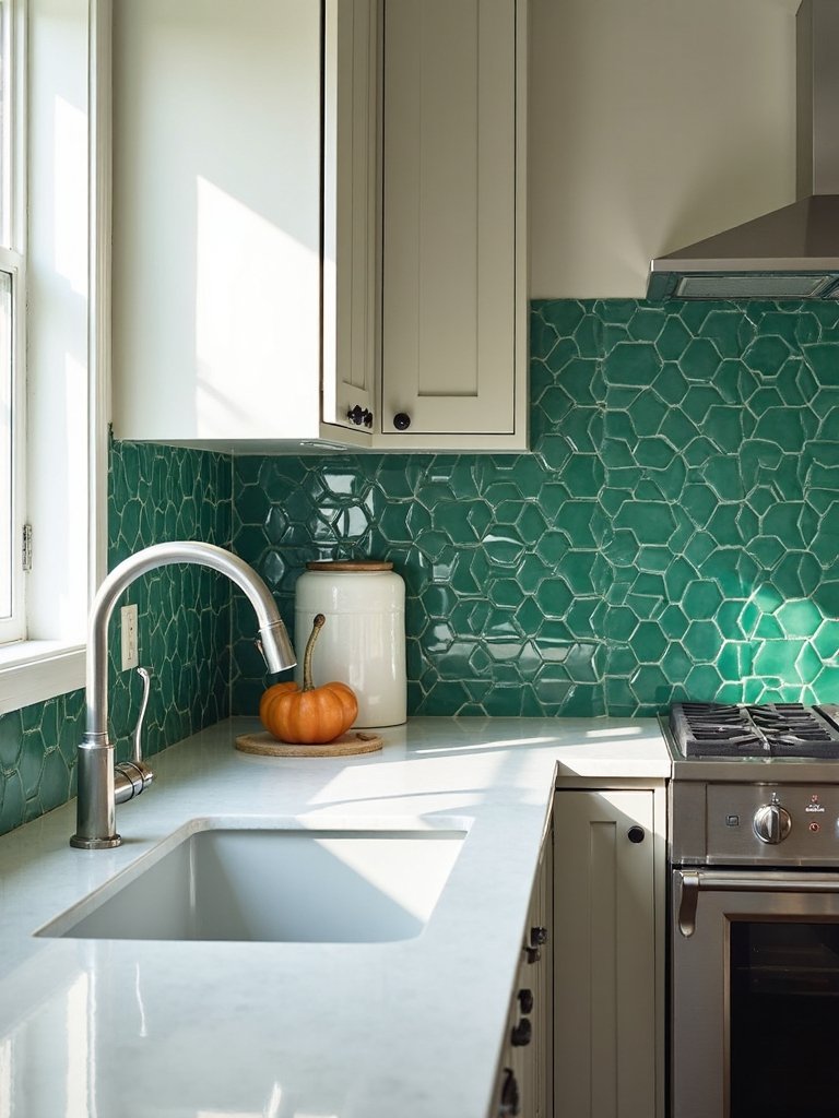 captivating geometric green glass backsplash tiles