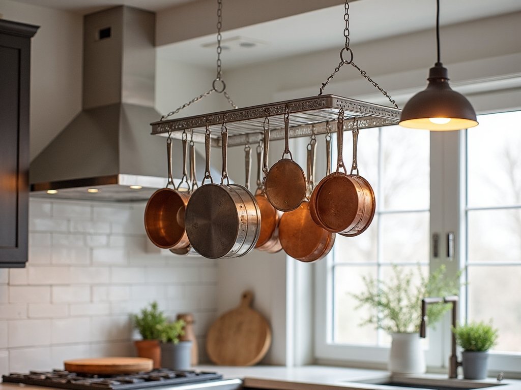 ceiling mounted pot rack optimizes storage