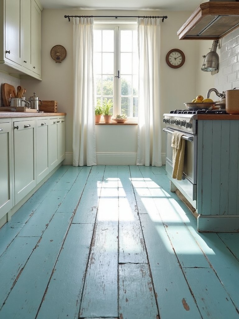 coastal farmhouse kitchen s striking blue floor