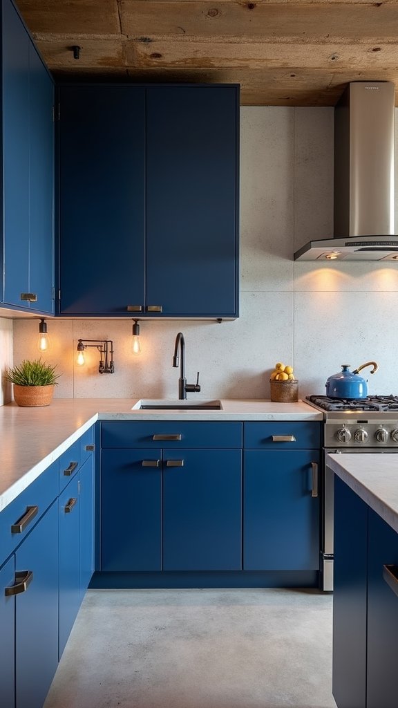 cobalt cabinets with industrial accents