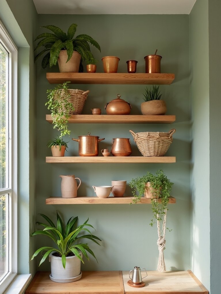 curated chic boho kitchen shelves