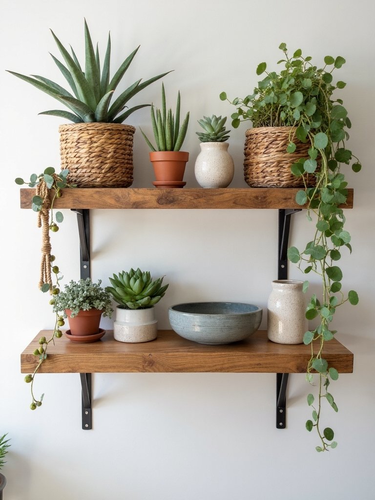 eclectic bohemian floating wooden shelves