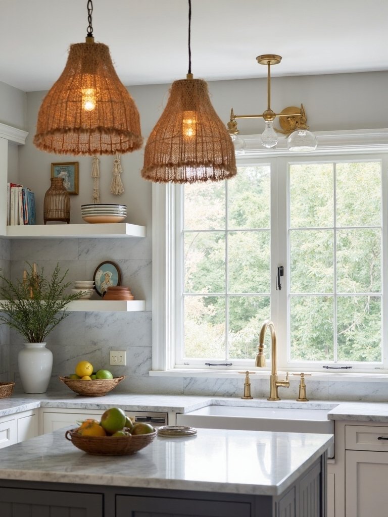 eclectic boho kitchen lighting accents