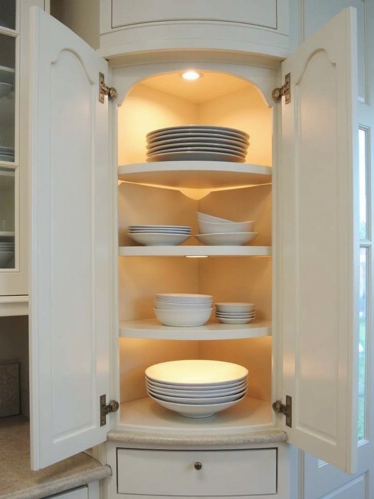 efficient corner cabinet bowl storage