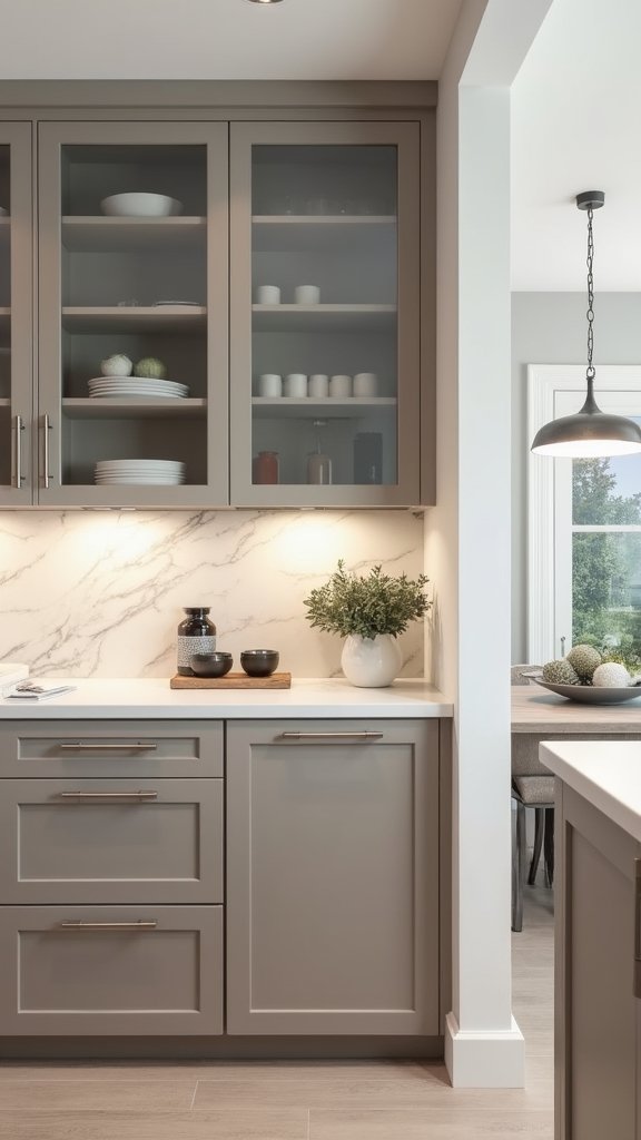 elegant glass front taupe cabinets