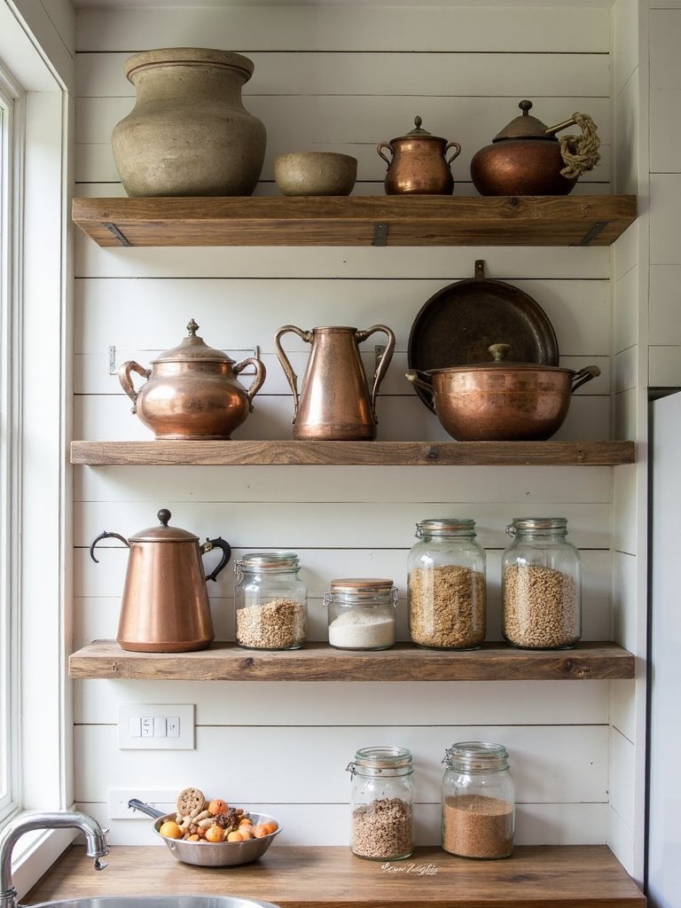 farmhouse inspired rustic kitchen open shelving