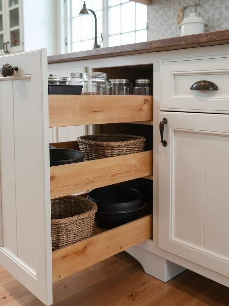 farmhouse style cabinet pull out organizers enhance accessibility