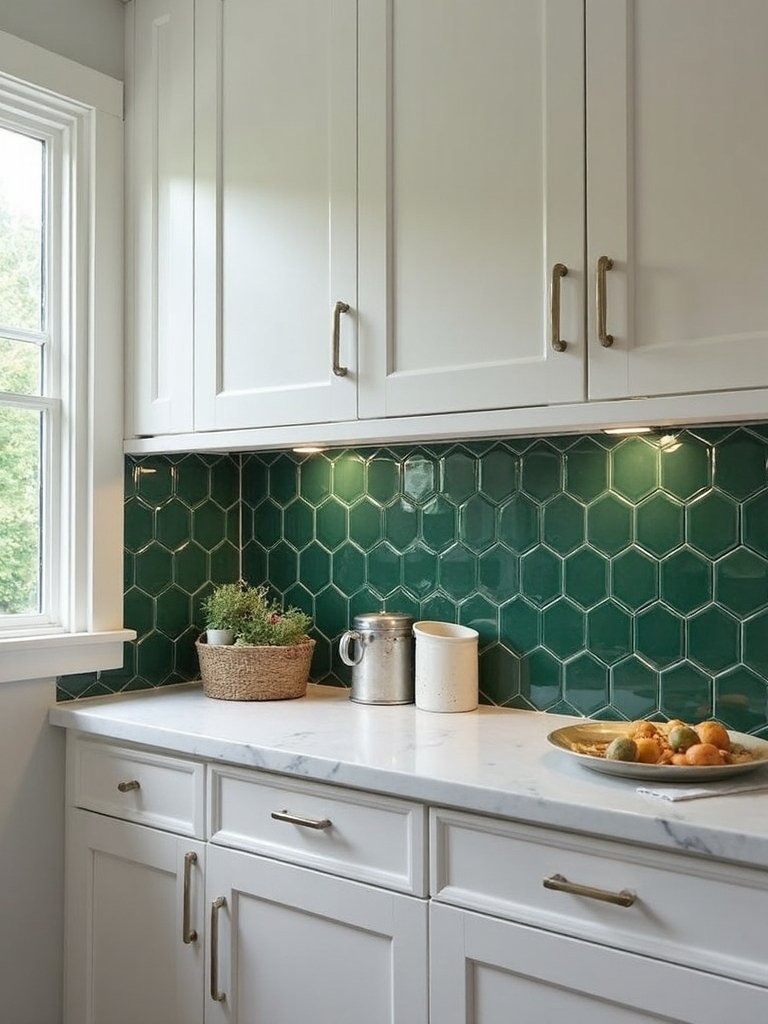 geometric forest green kitchen backsplash elegance