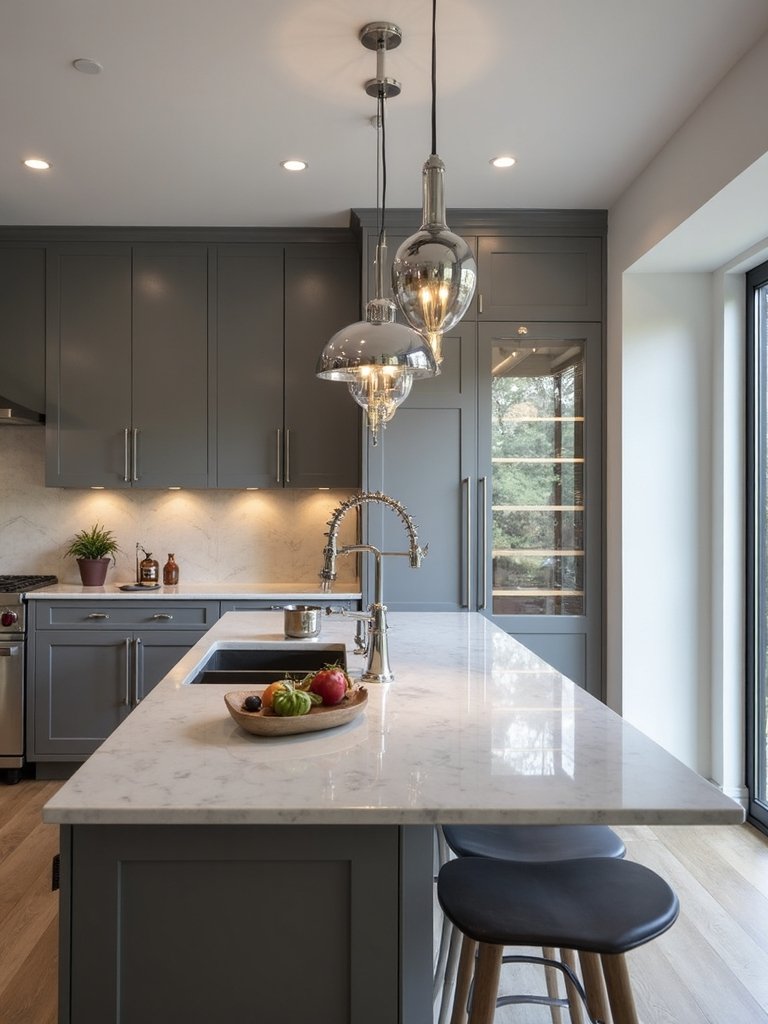 layered lighting for grey kitchens