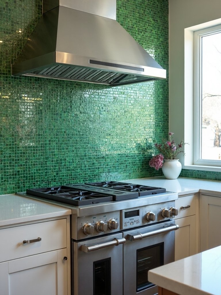 luxurious emerald mosaic kitchen backsplash design