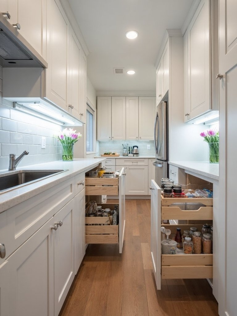 maximized organized galley kitchen storage