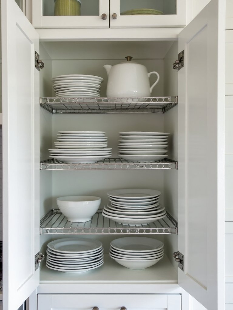 optimize cabinet space with stacking shelves