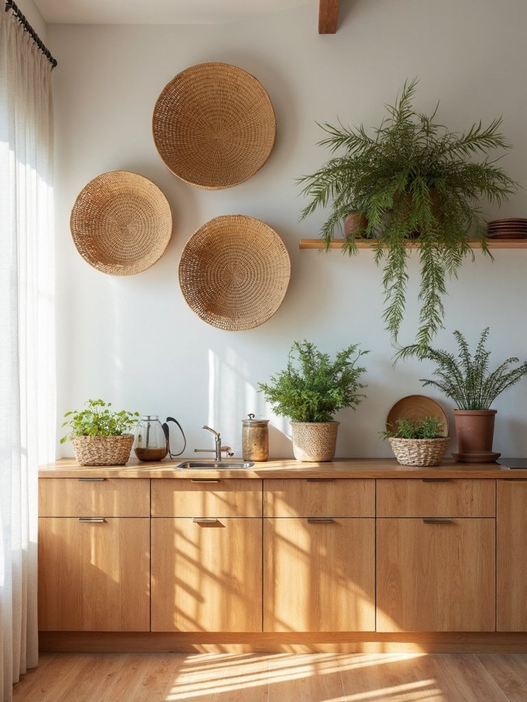 rattan storage organizes bohemian kitchen