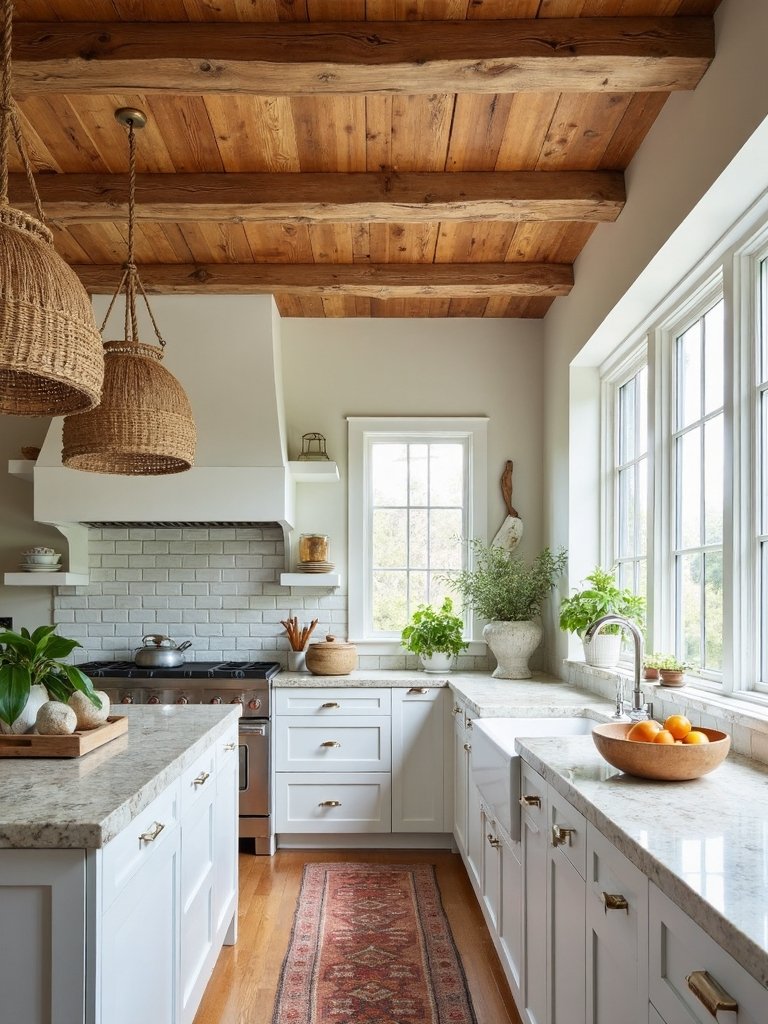 rustic boho kitchen with wooden beams