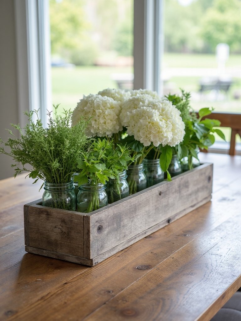 rustic farmhouse wooden trough centerpiece