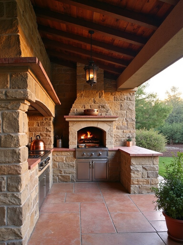 rustic mediterranean outdoor kitchen with pizza oven