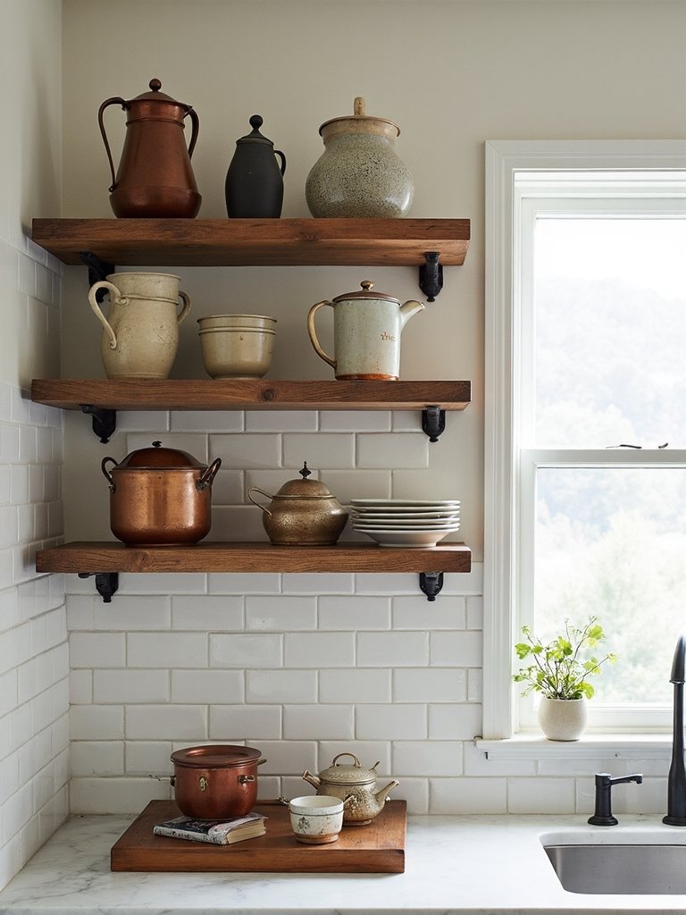 rustic modern mixed material open shelving