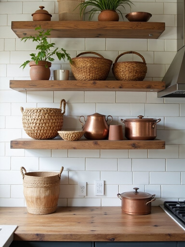 rustic open shelving with woven baskets