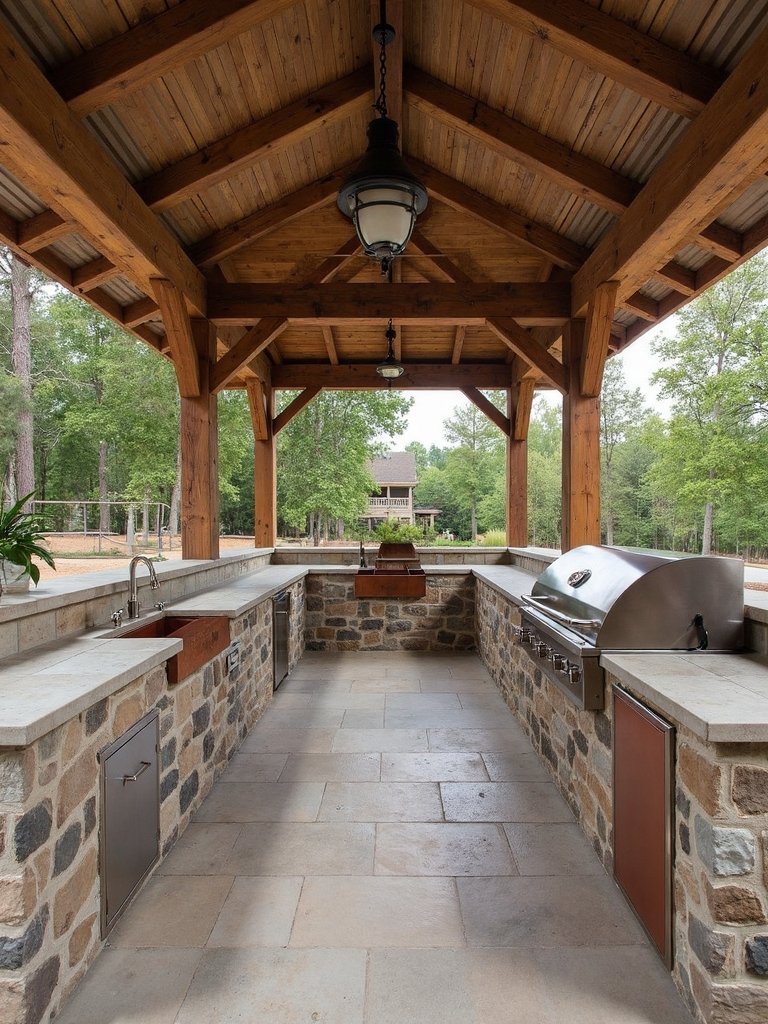rustic ranch style outdoor kitchen with metal roof