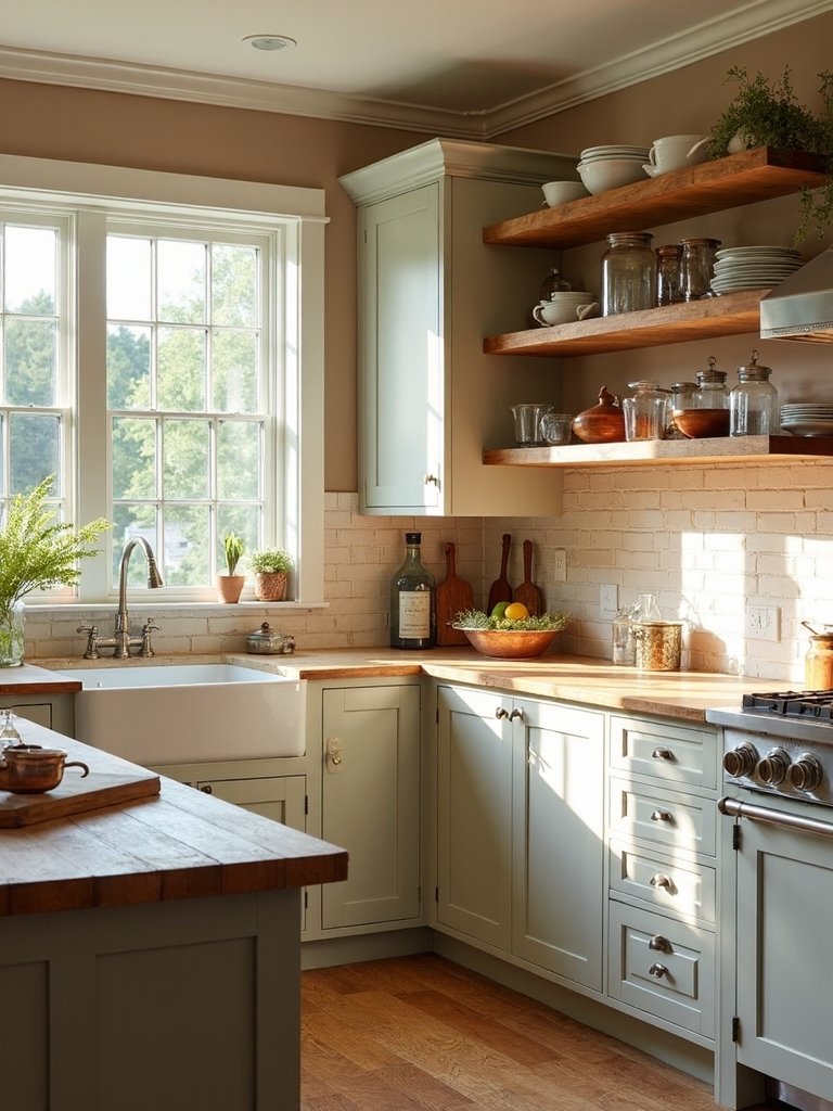 rustic warm taupe cabinets accented