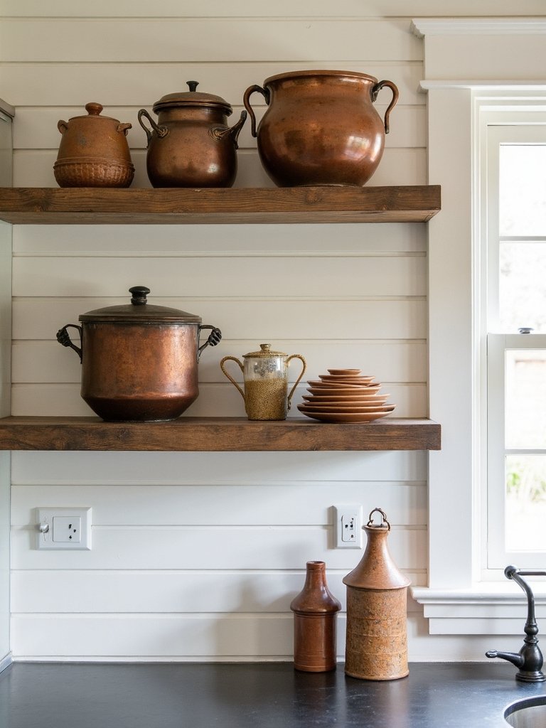rustic weathered farmhouse inspired charming open shelving