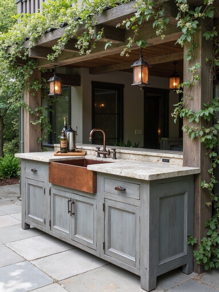 rustic weathered wood island copper accents