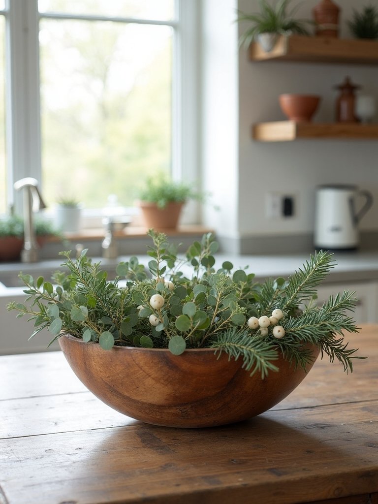 rustic wood dough bowls adorned greenery