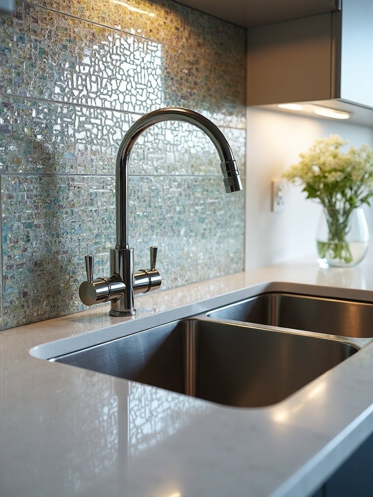 shimmering glass tile kitchen backsplash