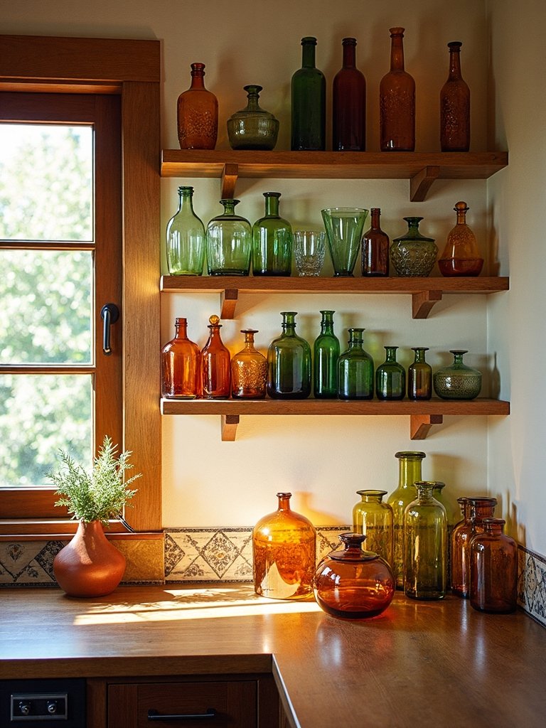 showcase vibrant glassware in bohemian kitchen