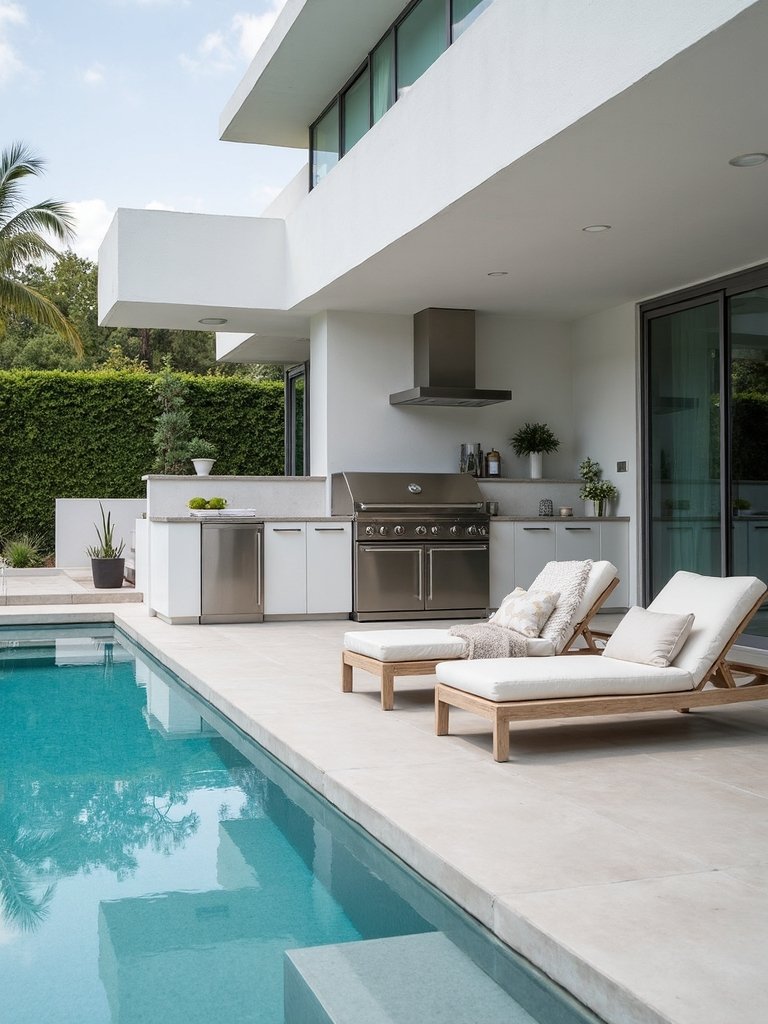 sleek minimalist poolside kitchen