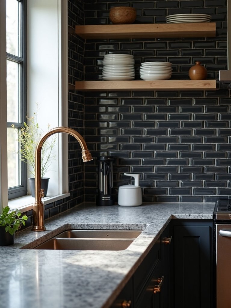sophisticated dark grey subway tile backsplash