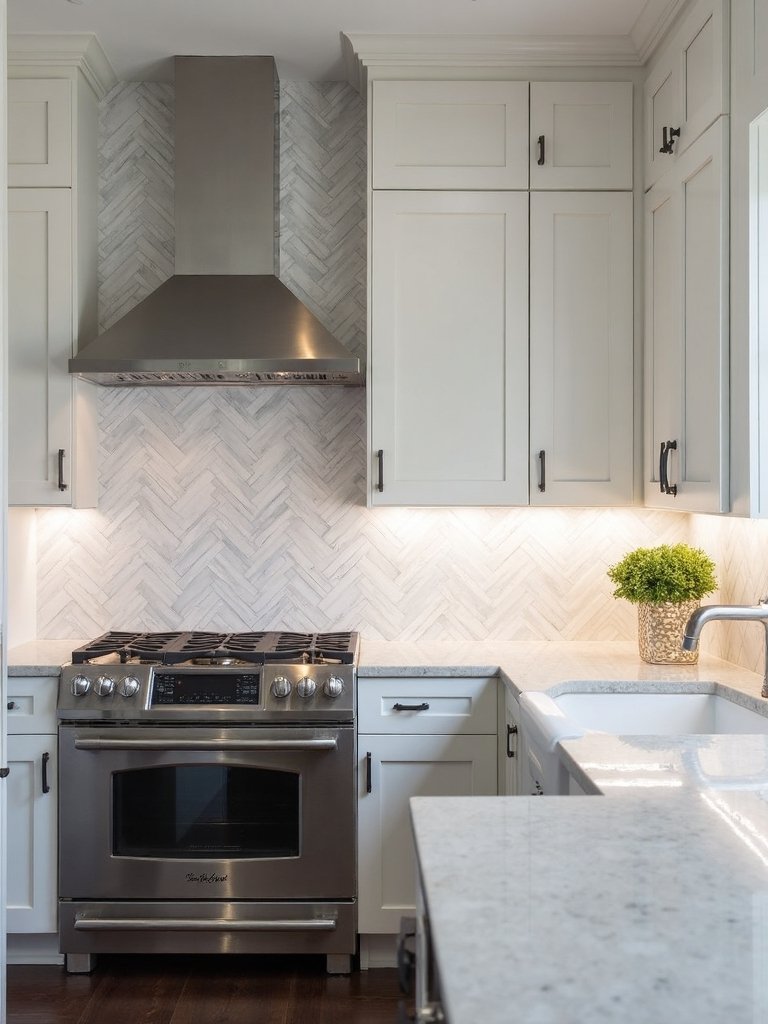 sophisticated marble look chevron subway tile backsplash