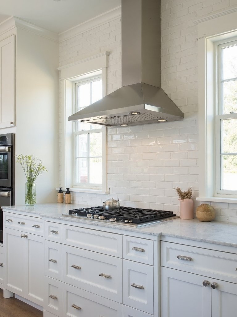 sophisticated monochromatic subway tile backsplash design
