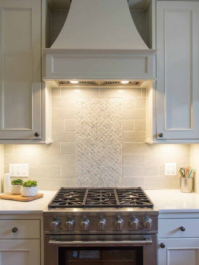 sophisticated neutral basketweave backsplash design