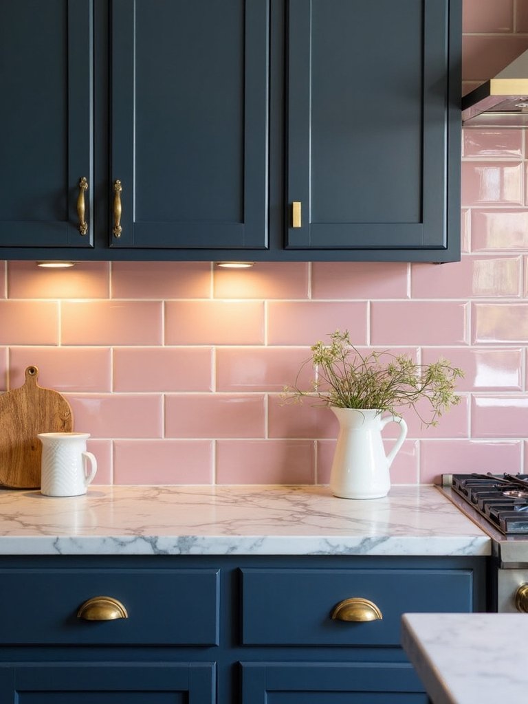 sophisticated pink tile dark cabinet pairings