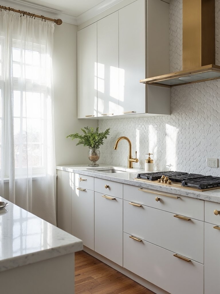 sophisticated white kitchen with marble accents