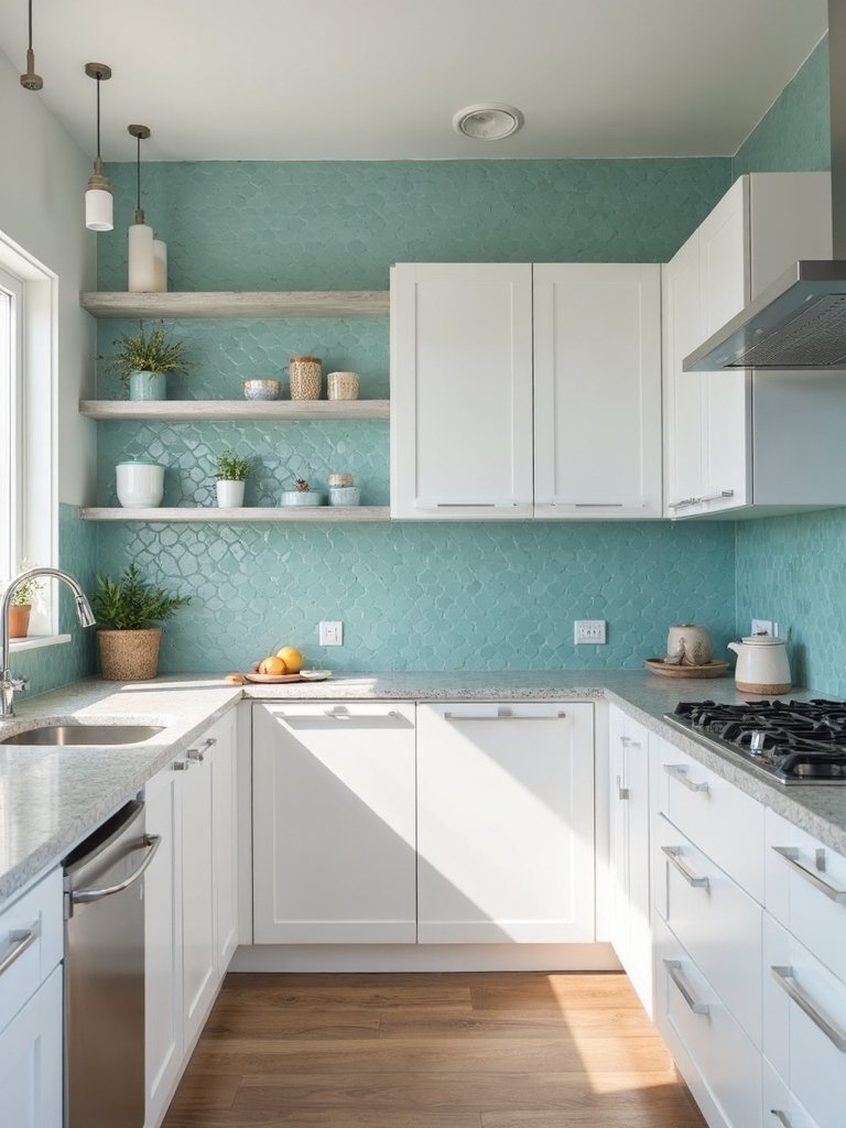 tranquil kitchen with calming blue tiles